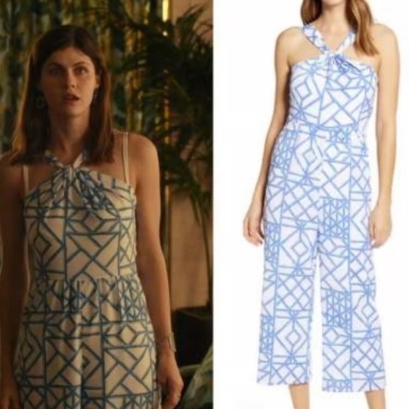 Vineyard Vines Bamboo Lattice Halter Jumpsuit Size 10 Blue White - Picture 3 of 16
